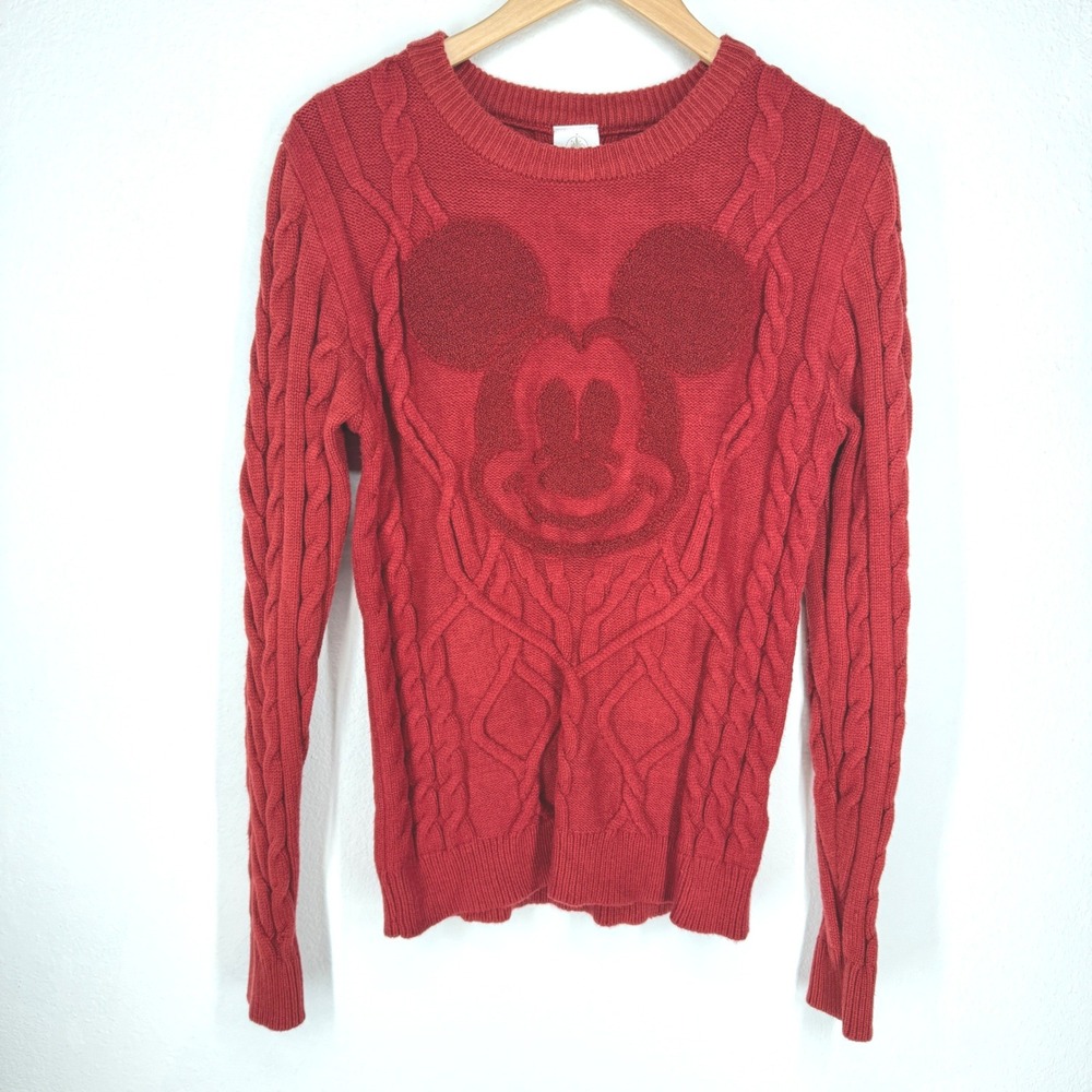 Disney Mickey Mouse Cable Knit Sweater Red Women Small Crew Pullover Embroidered